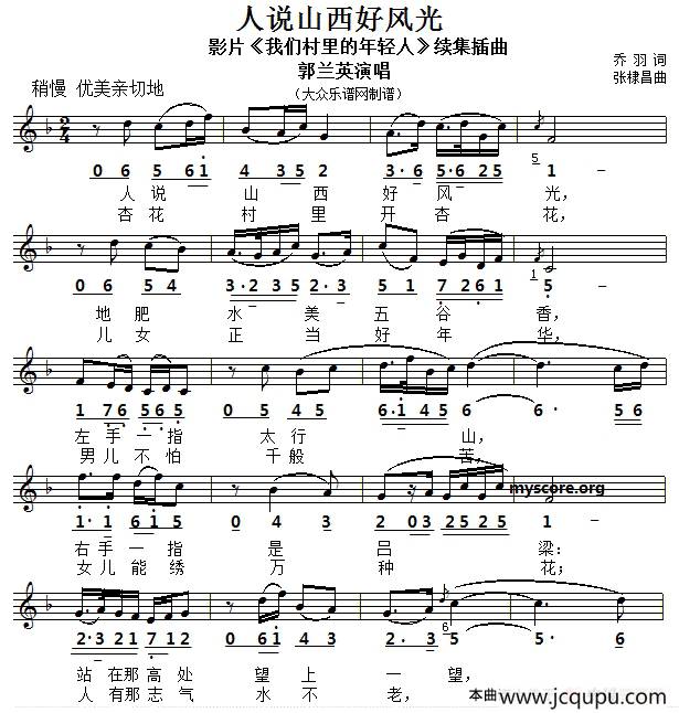 人说山西好风光（乔羽词 张棣昌曲、线简谱对照版）简谱