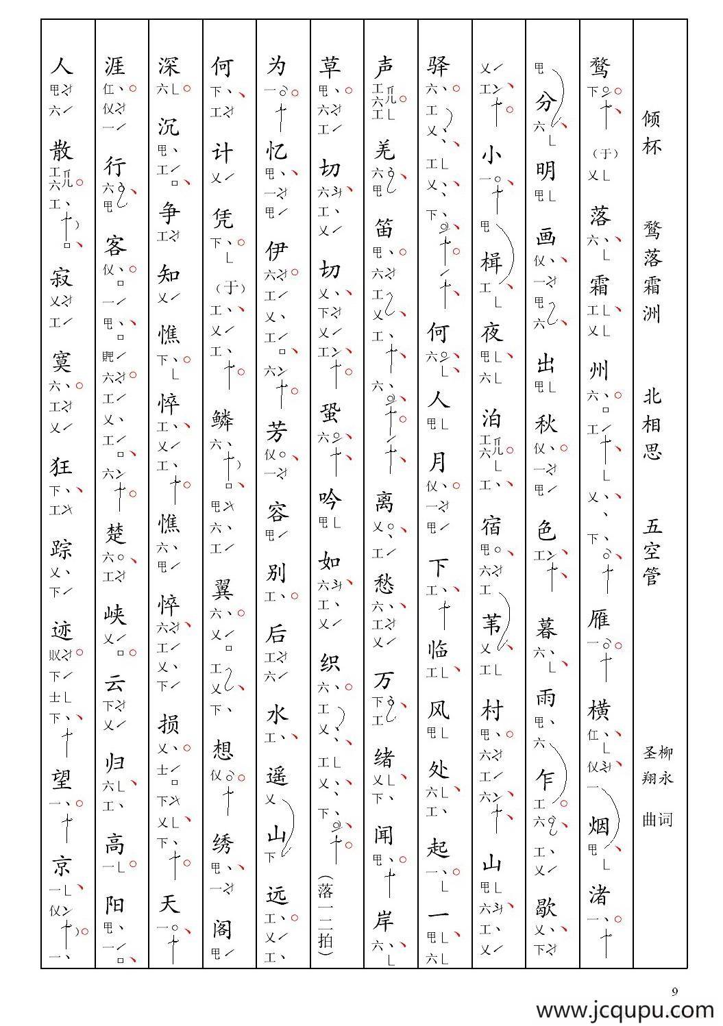 [南音工X谱] 倾杯 鹜落霜洲 柳永 北相思简谱