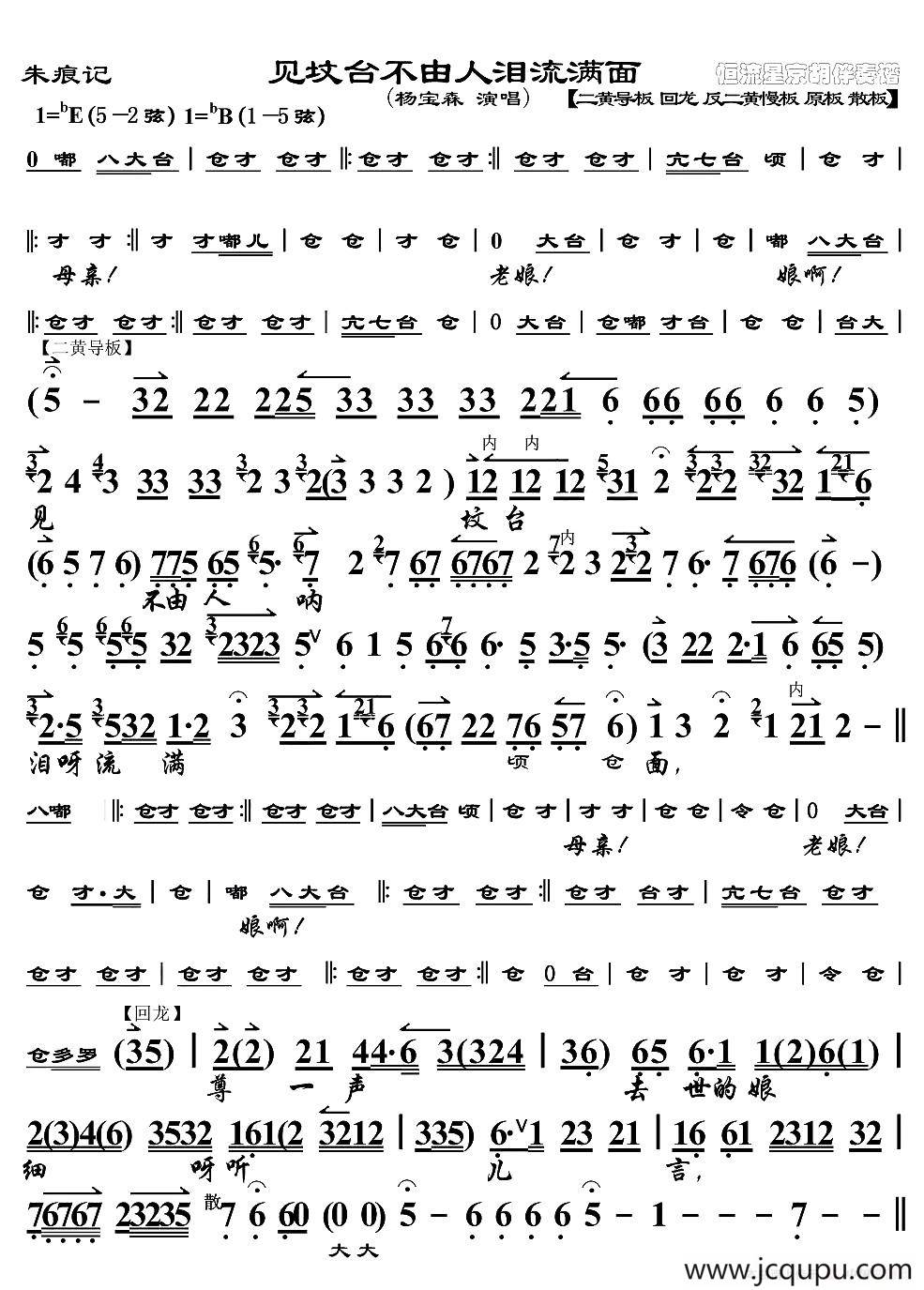 见坟台不由人泪流满面（《朱痕记》选段、琴谱）简谱