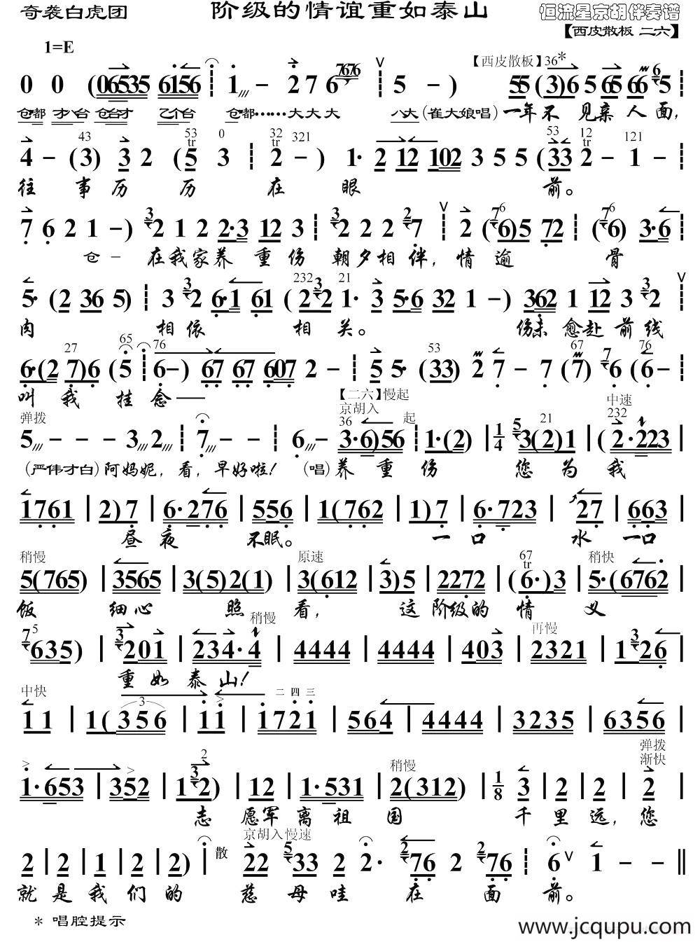 阶级的情谊重如泰山（《奇袭白虎团》选段、琴谱）简谱