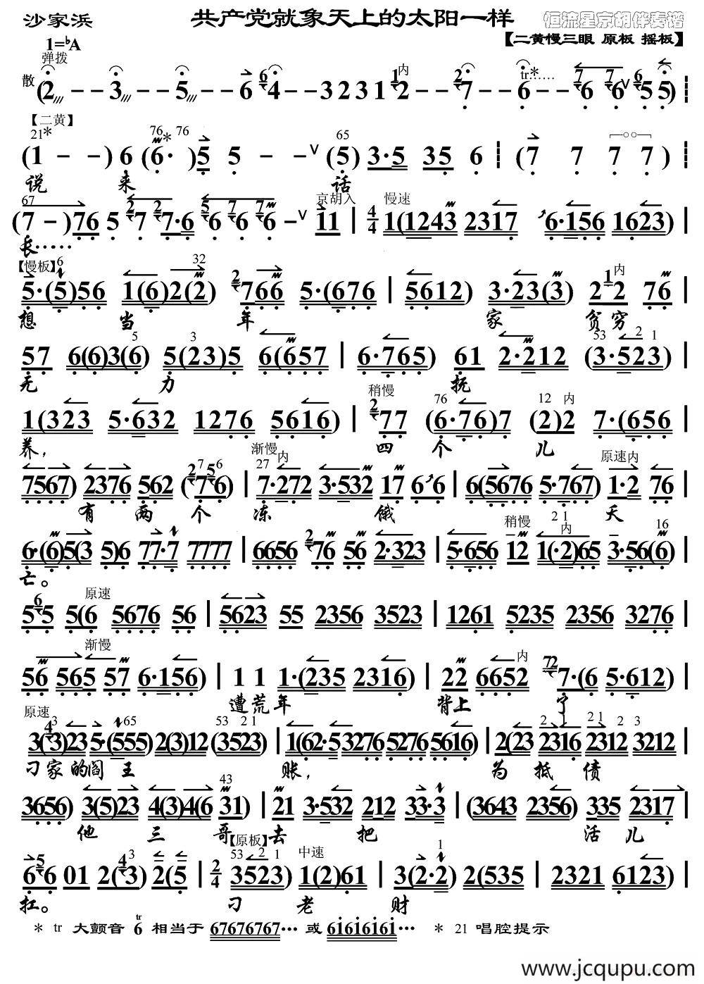 共产党就象天上的太阳一样（《沙家浜》沙奶奶唱段、琴谱）简谱
