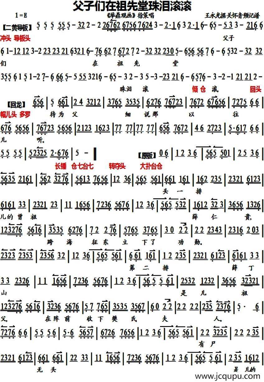 父子们在祖先堂珠泪滚滚（《聚鼎观画》徐策唱段、琴谱）简谱