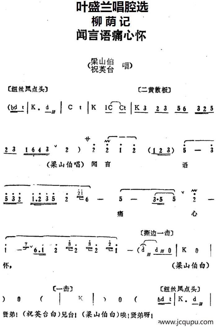 叶盛兰唱腔选：闻言语痛心怀（《柳荫记》梁山伯、祝英台唱段）简谱