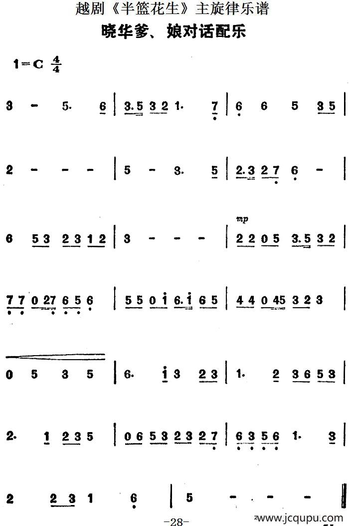 越剧《半篮花生》全剧主旋律乐谱：晓华爹、娘对话配乐（P28）简谱