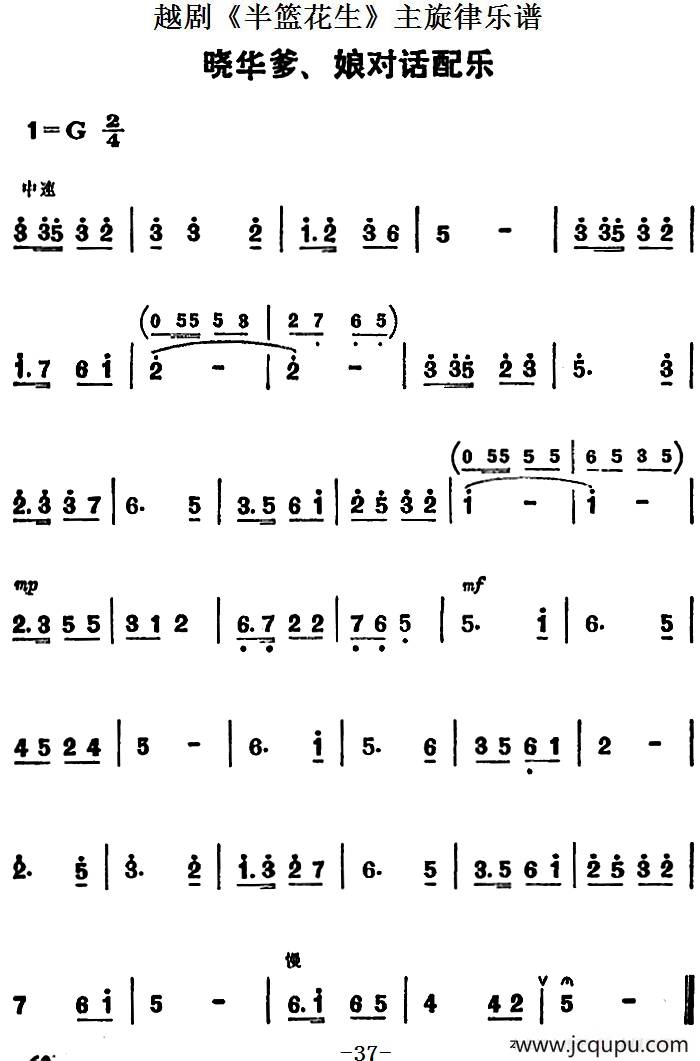 越剧《半篮花生》全剧主旋律乐谱：晓华爹、娘对话配乐（P37）简谱