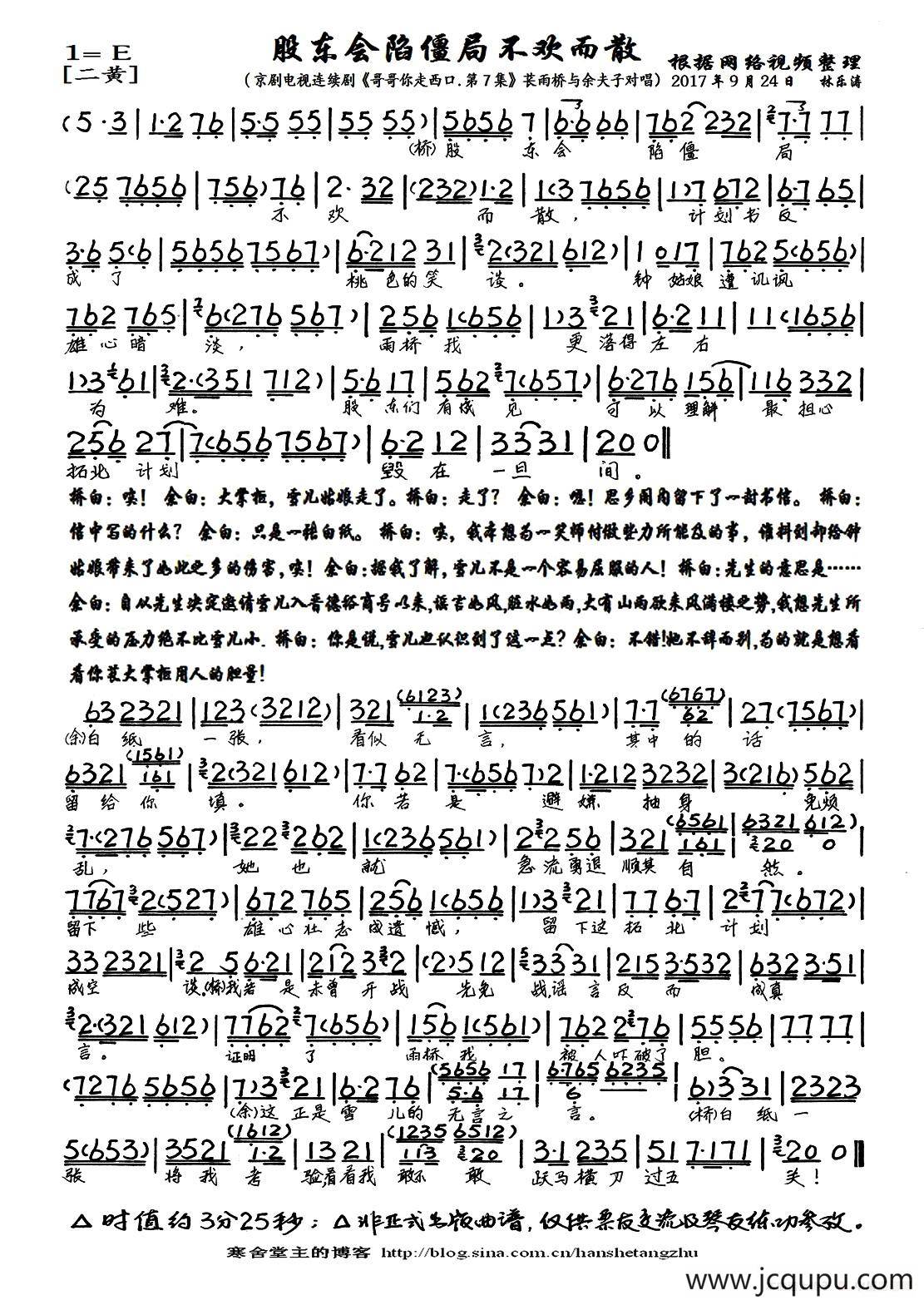 股东会陷僵局不欢而散（京剧电视剧《哥哥你走西口·第7集》选段、琴谱）简谱