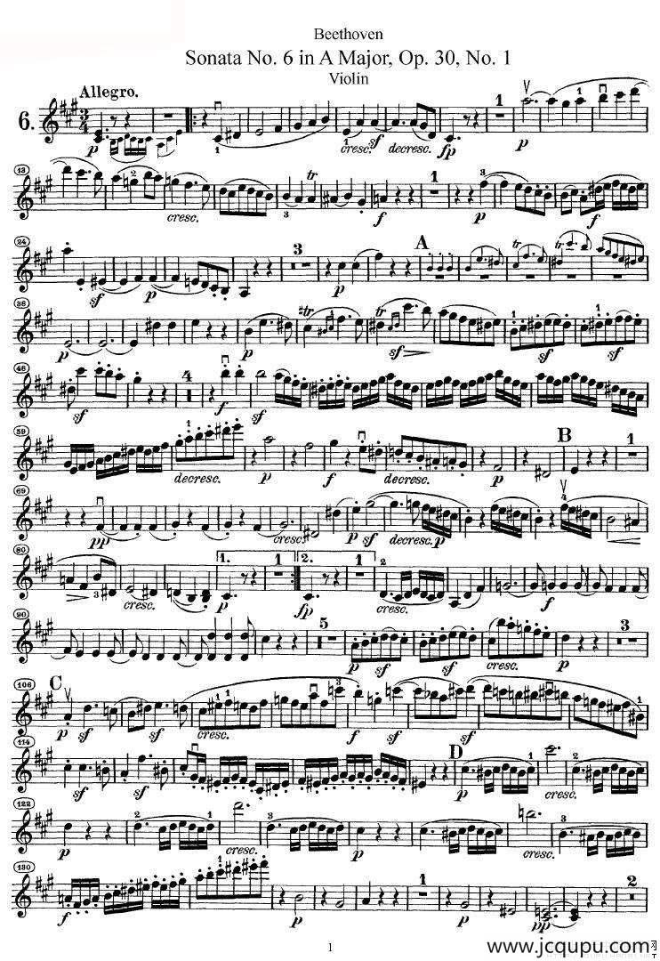 贝多芬第六号奏鸣曲A大调（小提琴谱）简谱