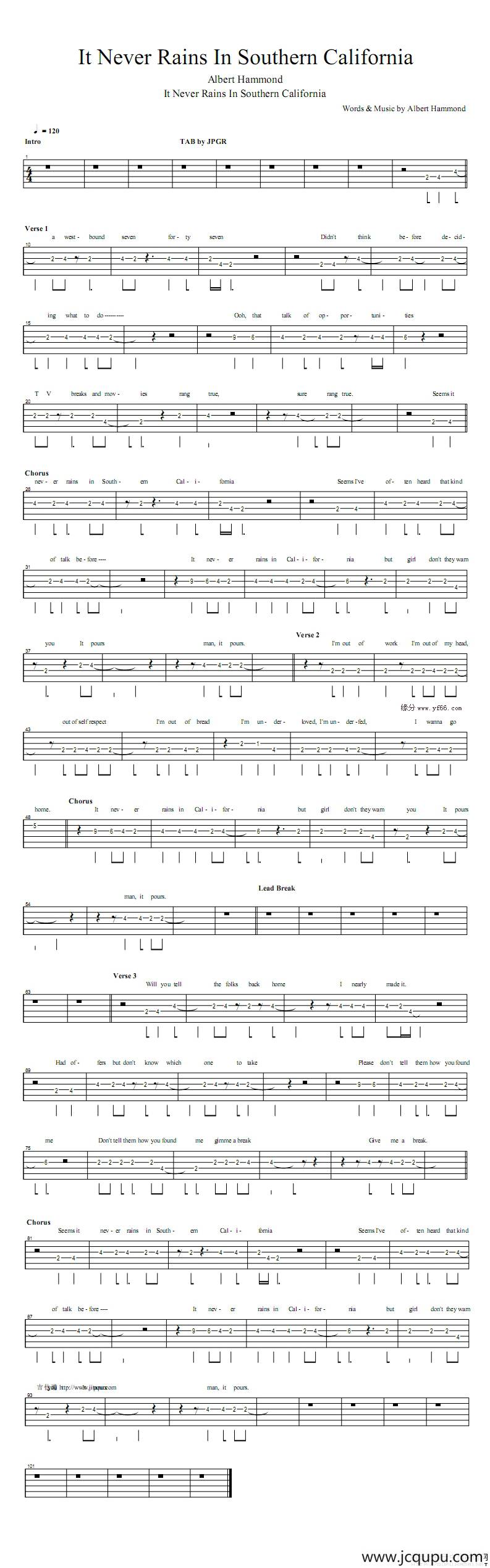 it never rains in southern california简谱