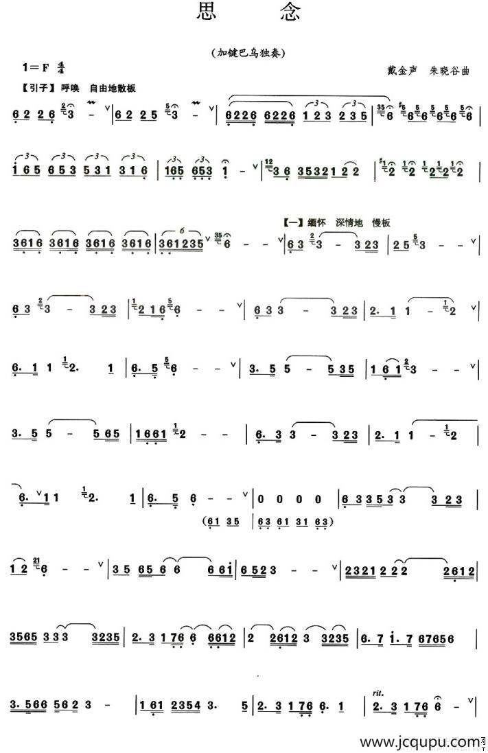 思念（加键巴乌谱）简谱