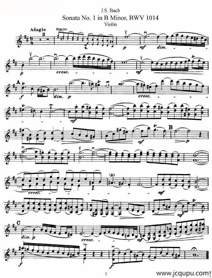 巴赫小提琴奏鸣曲No.1b小调（BWV 1014 [小提琴谱]）简谱
