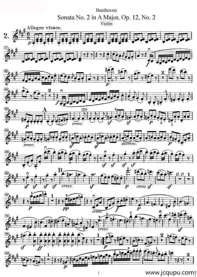 贝多芬第二号小提琴奏鸣曲A大调op.12简谱