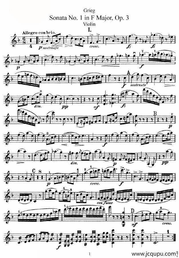 格里格F大调奏鸣曲，op.3（第一小提琴分谱）简谱