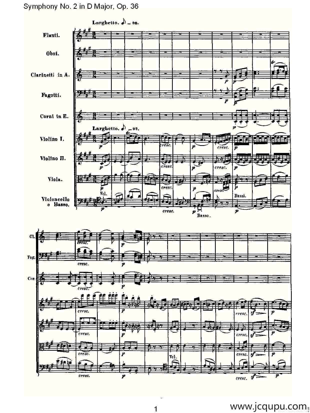 D大调第二交响曲 Op.36 第二乐章简谱