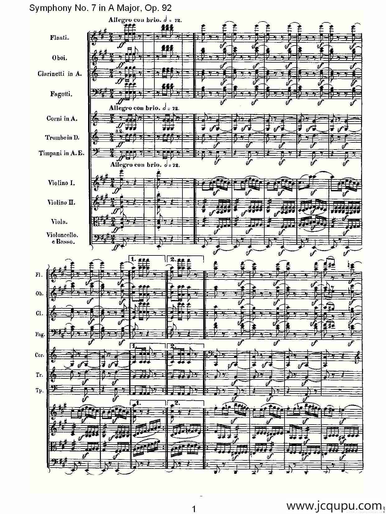 A大调第七交响曲 Op.92第四乐章简谱