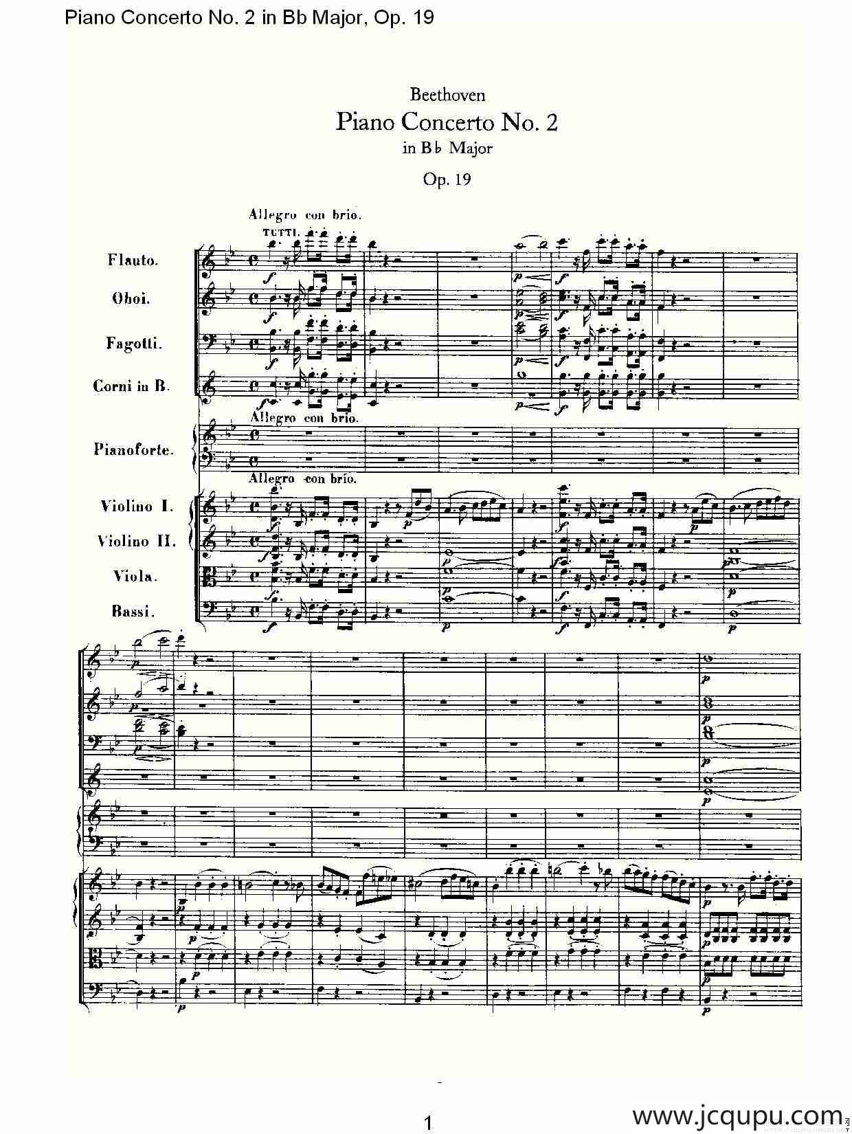 Bb大调钢琴第二协奏曲 Op. 19 第一乐章简谱