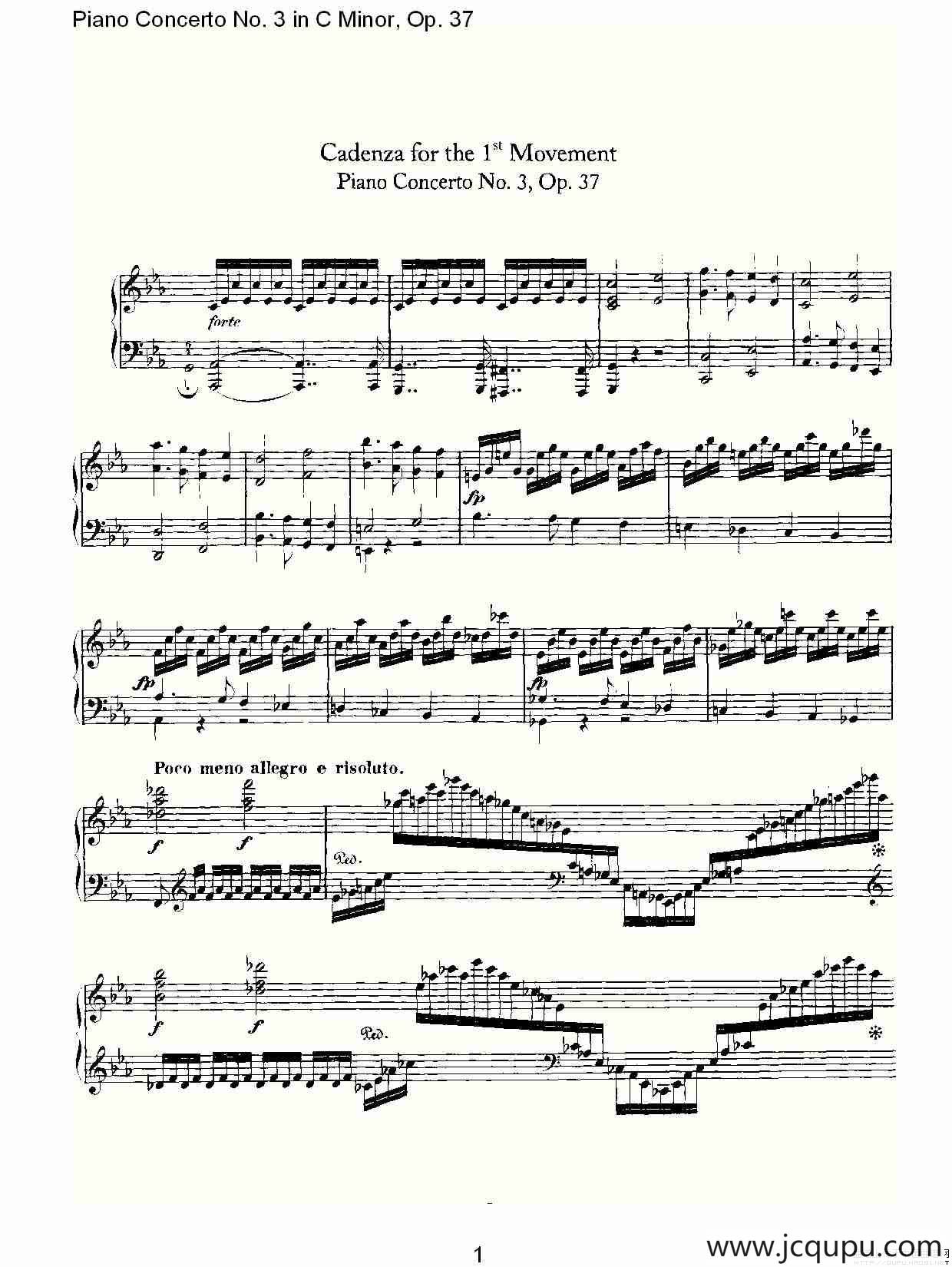 C小调钢琴第三协奏曲 Op.37 华彩乐章简谱