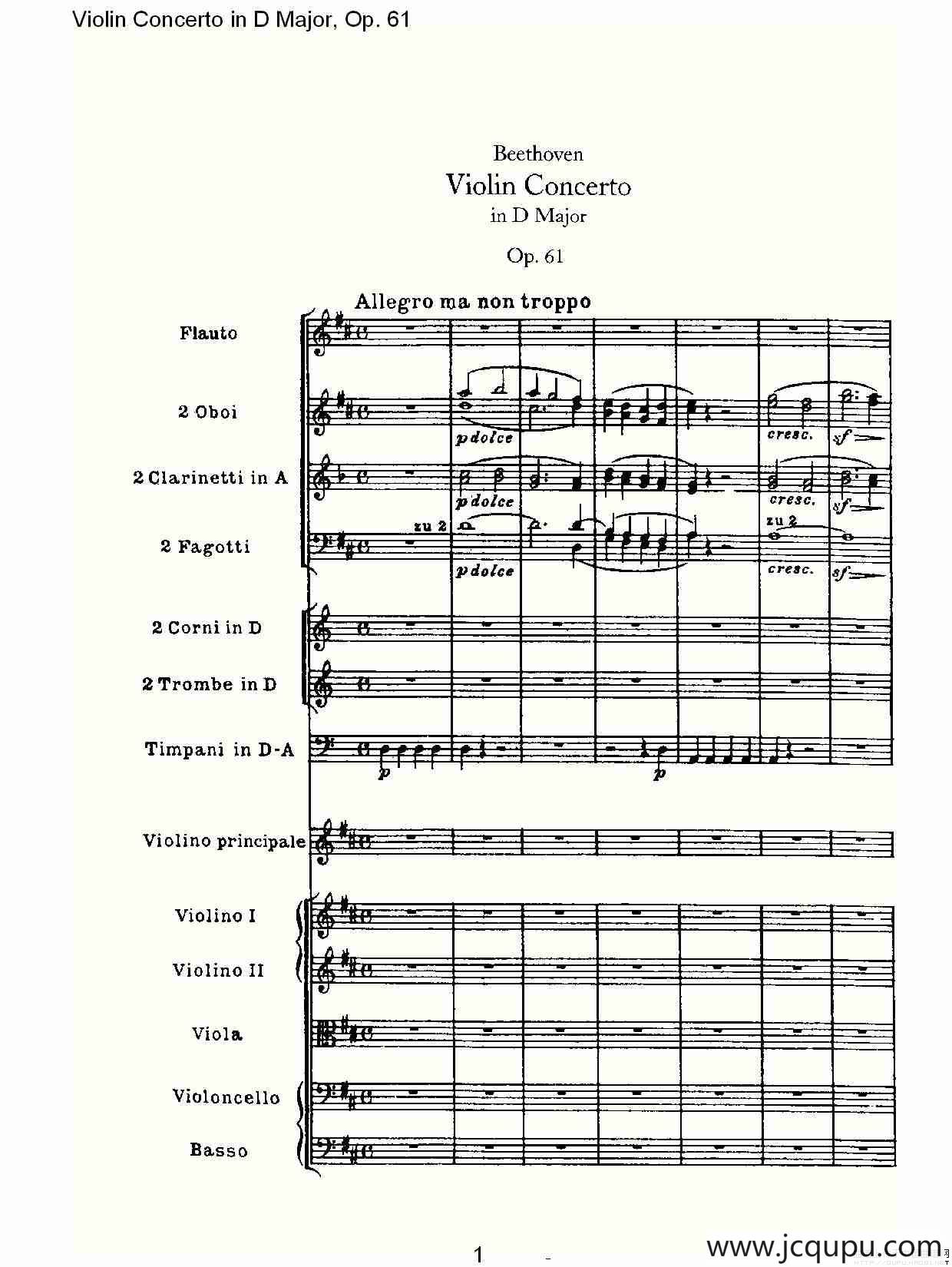 D大调小提琴协奏曲 Op.61第一乐章（一）简谱