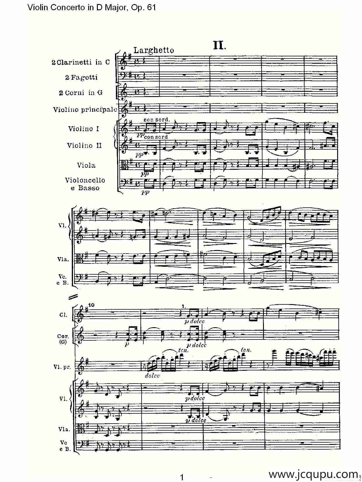 D大调小提琴协奏曲 Op.61 第二乐章简谱