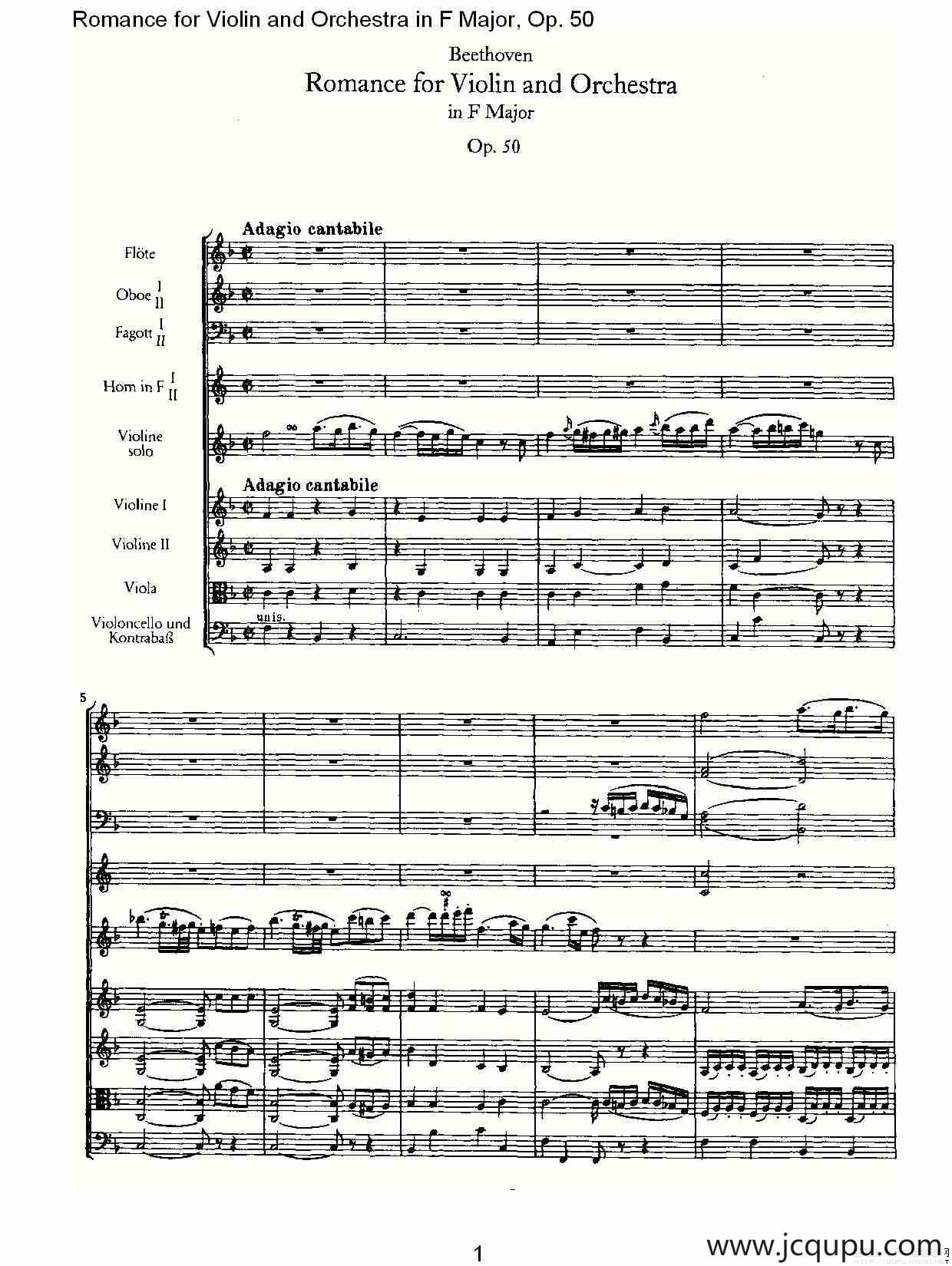 小提琴与管弦乐奏F大调浪漫曲 Op.50简谱