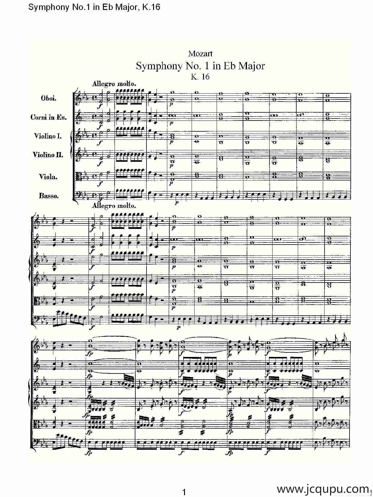 Symphony No.1 in Eb Major，K.16（Eb大调第一交响曲K.16）简谱