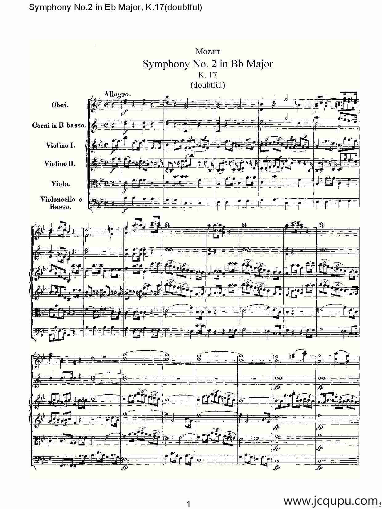 Symphony No.2 in Bb Major（doubtful))，K.1）简谱