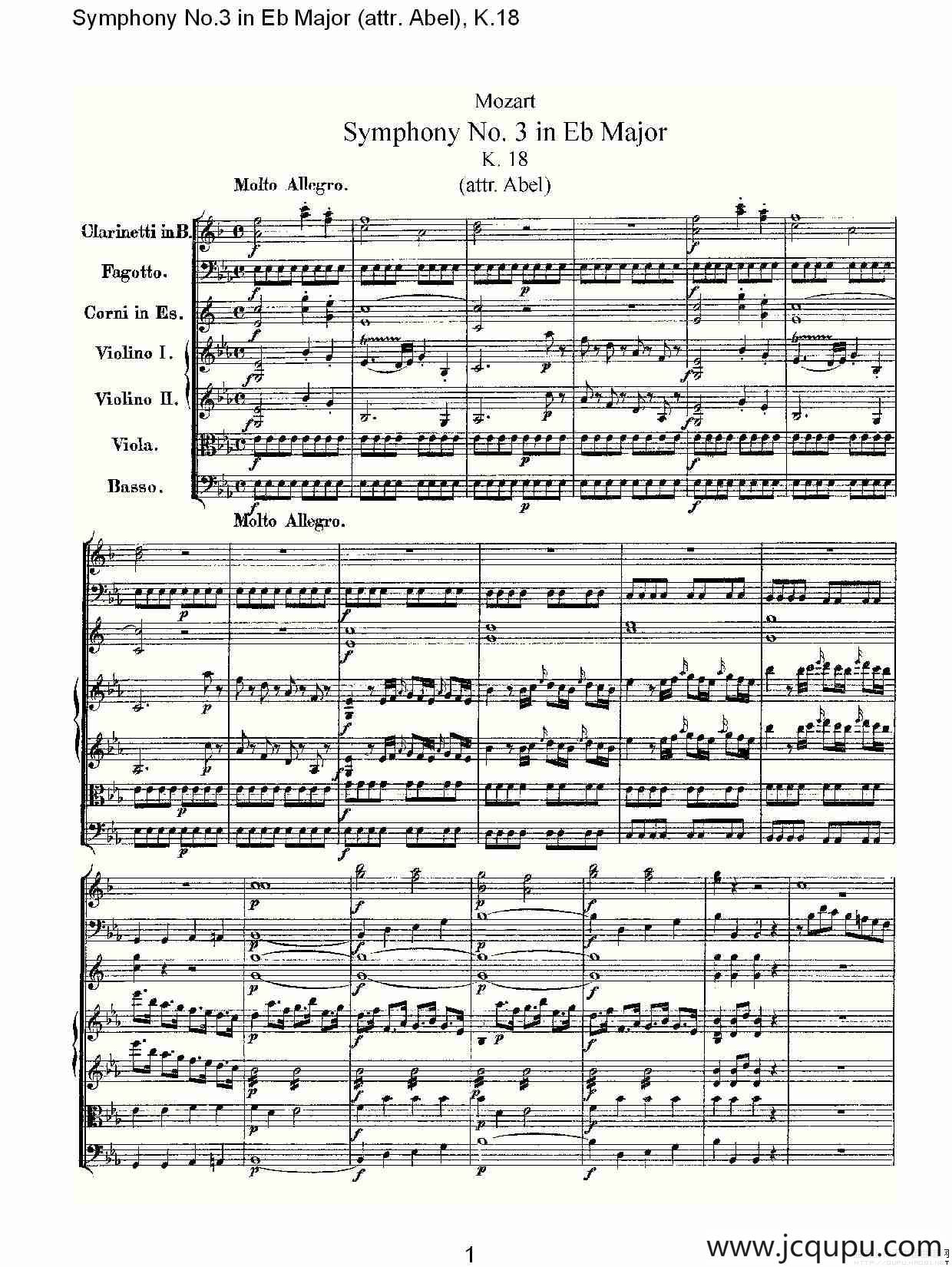 Symphony No.3 in Eb Major（attr. Abel)， K.1）简谱