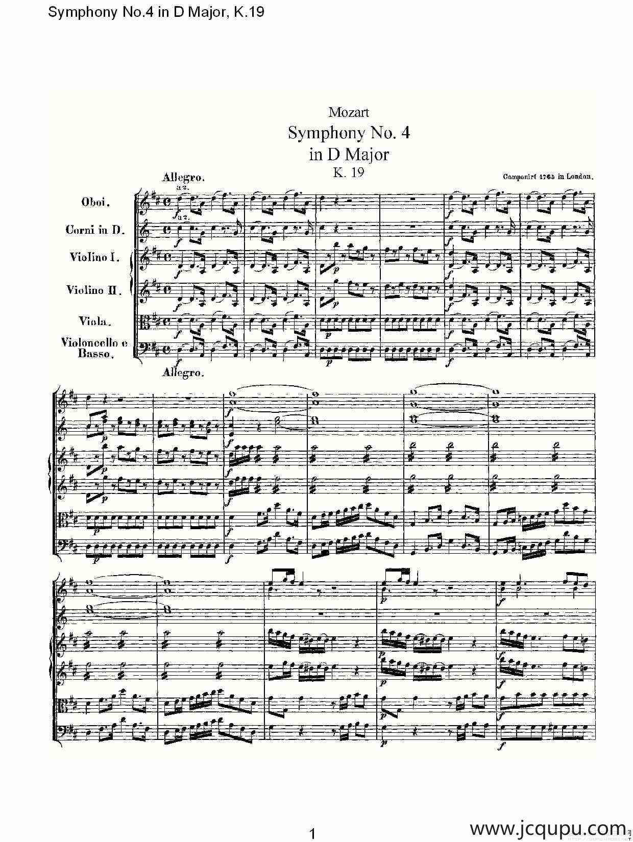 Symphony No.4 in D Major, K.19（Ｄ大调第四交响曲K.19）简谱