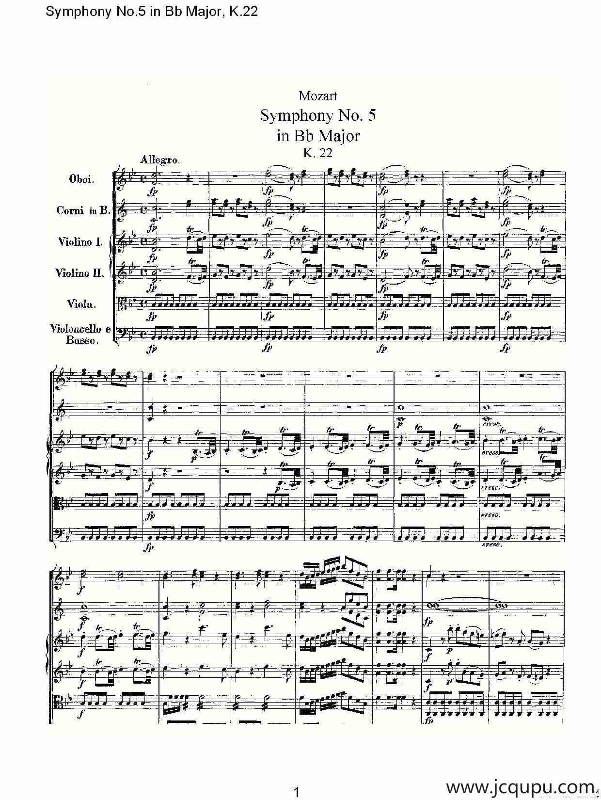 Symphony No.5 in Bb Major, K.22（Bb大调第五交响曲K.22）简谱