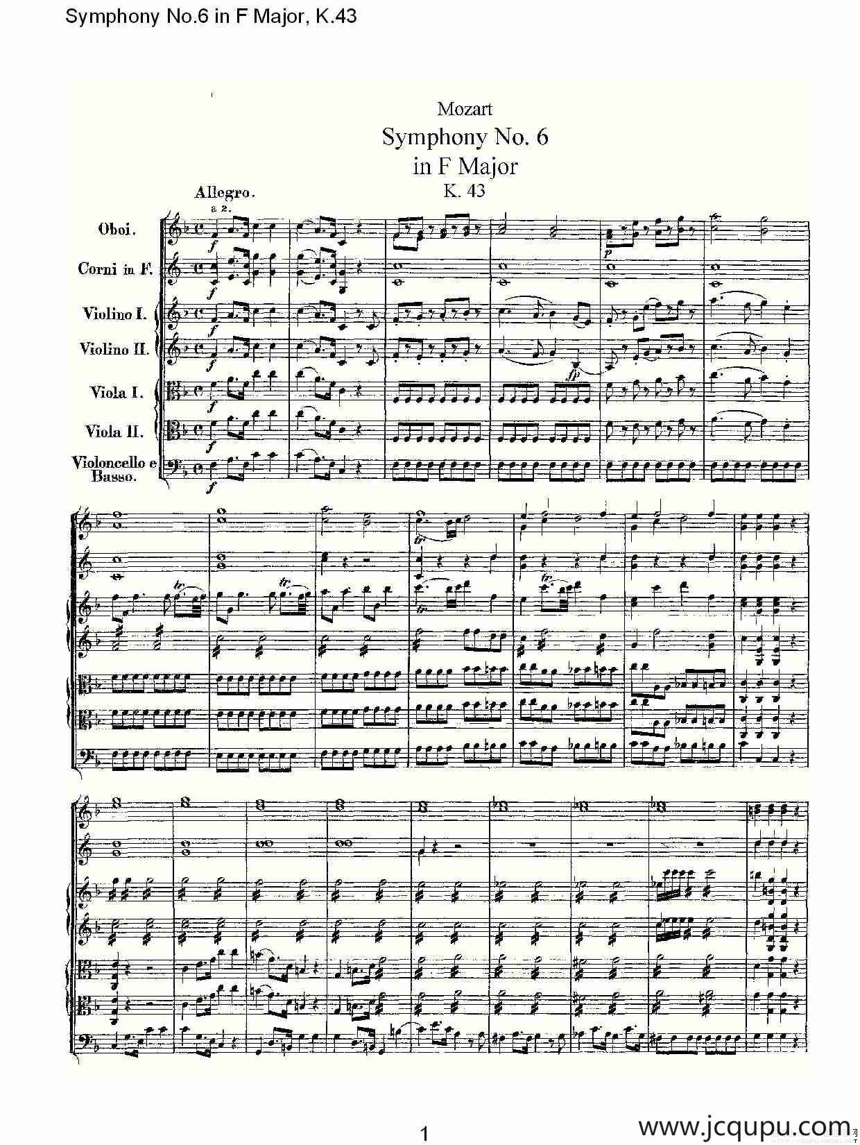 Symphony No.6 in F Major, K.43（F大调第六交响曲K.43）简谱
