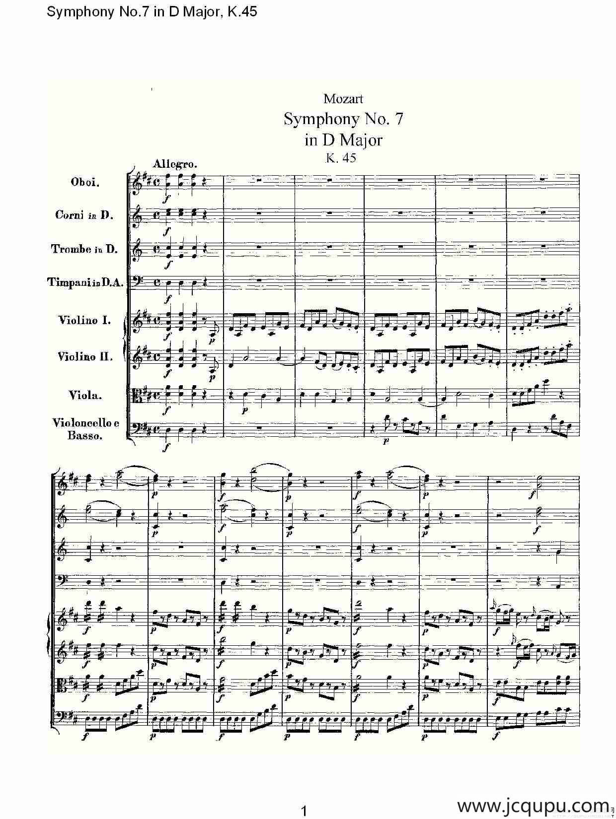 Symphony No.7 in D Major, K.45（D大调第七交响曲K.45）简谱