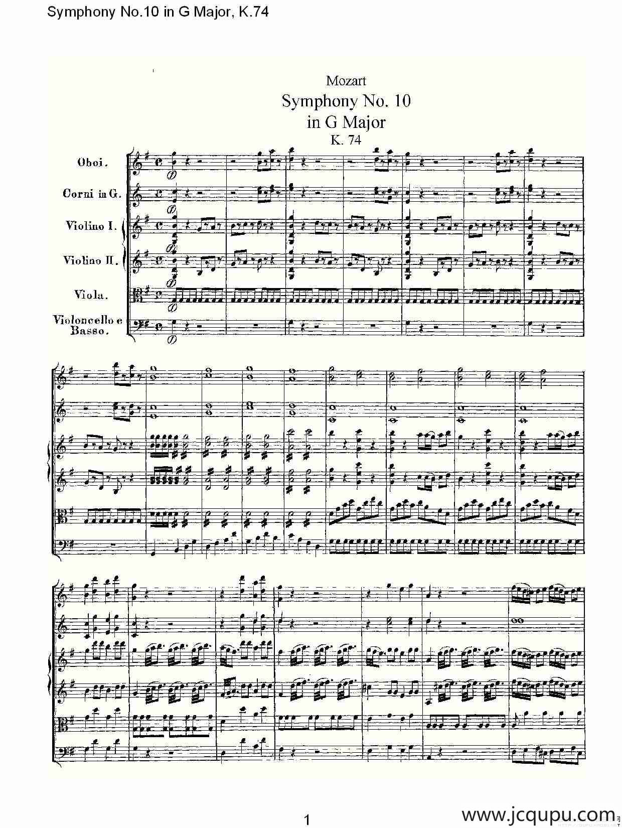 Symphony No.10 in G Major, K.74（G大调第十交响曲K.74）简谱