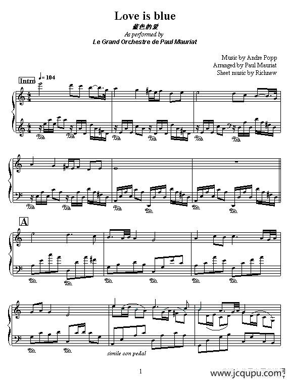 Love Is Bule（蓝色的爱）简谱