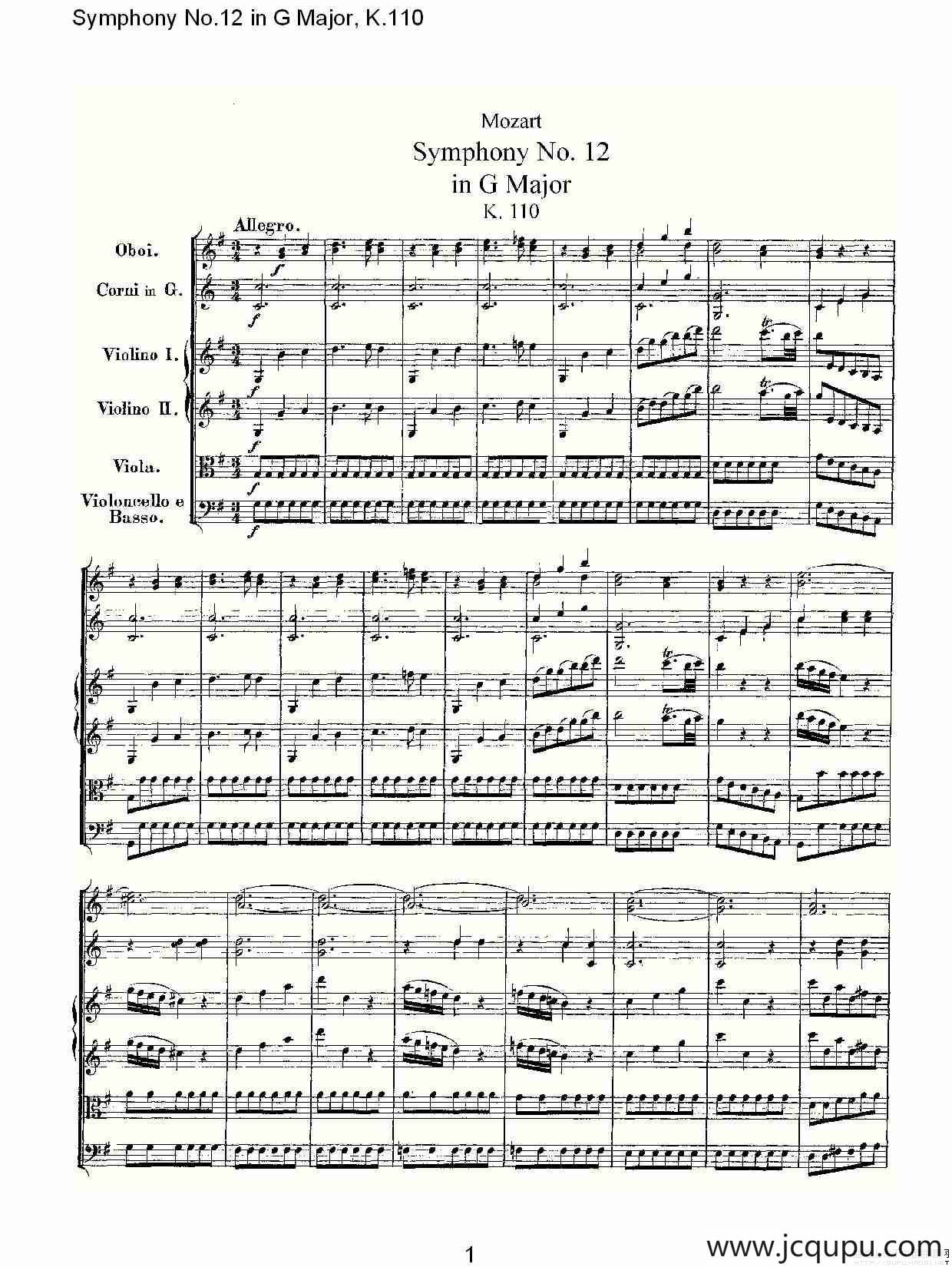 Symphony No.12 in G Major, K.110（G大调第十二交响曲K.110）简谱