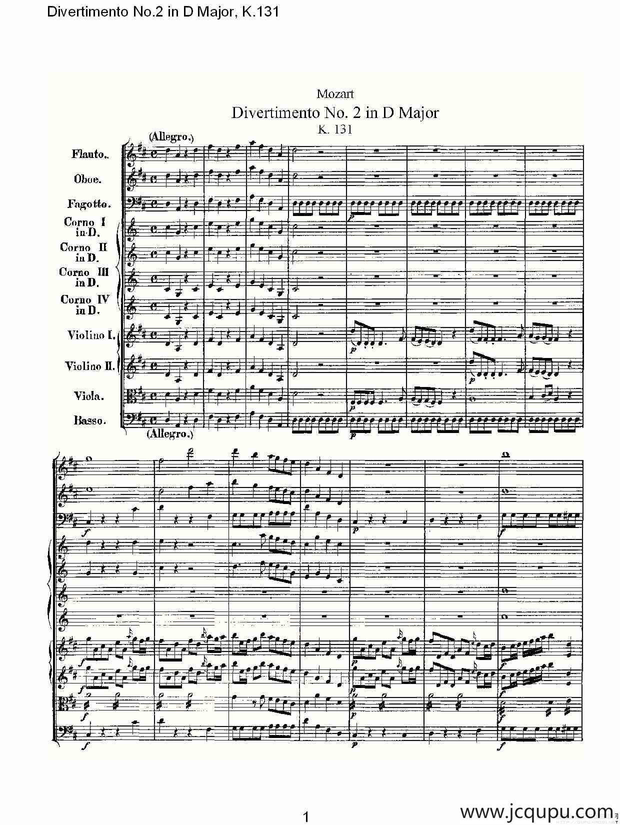 Divertimento No.2 in D Major, K.131（D大调第二嬉游曲,K.13）简谱