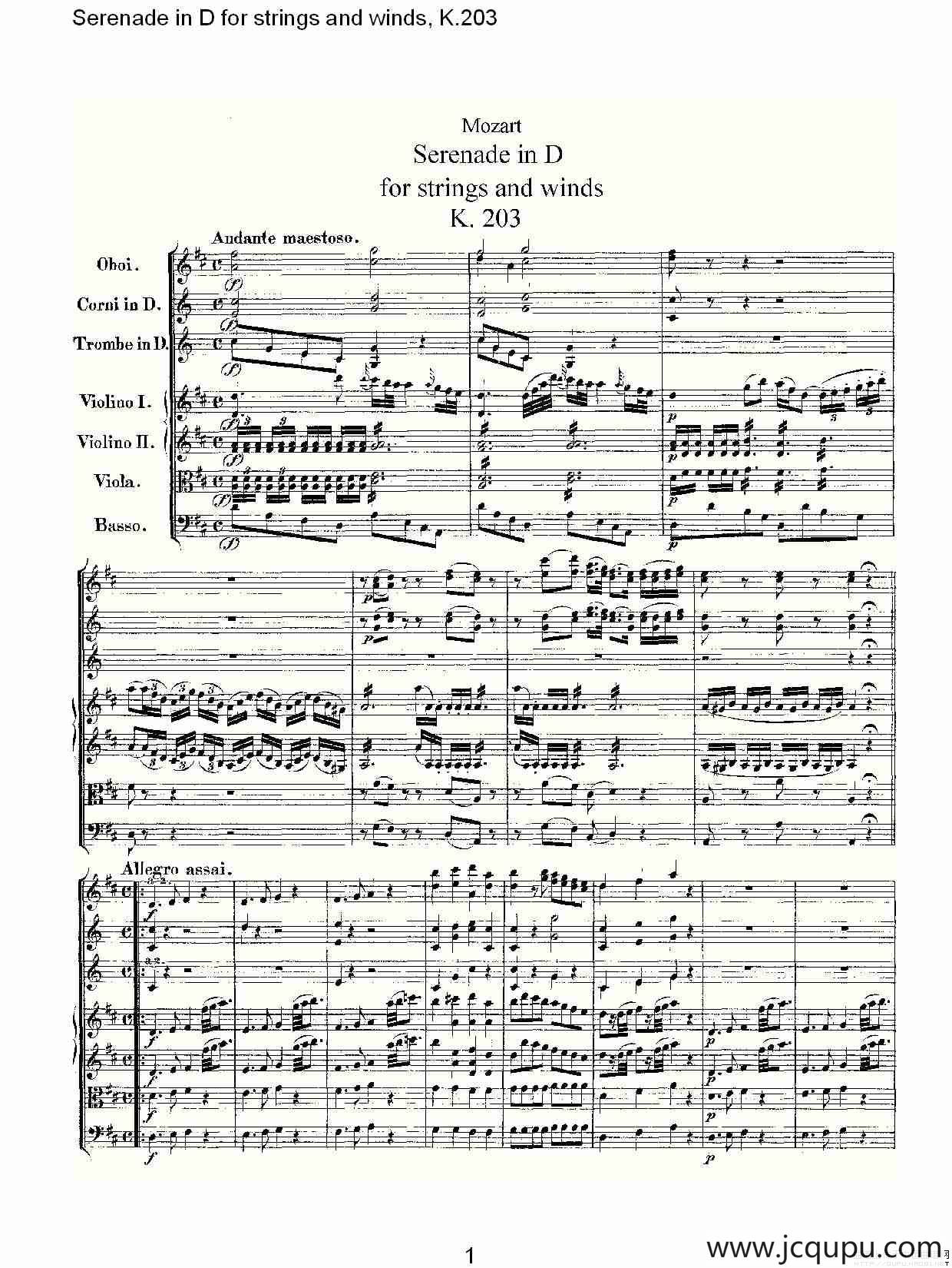 Serenade in D for strings and winds, K.203（D调管弦乐小）简谱