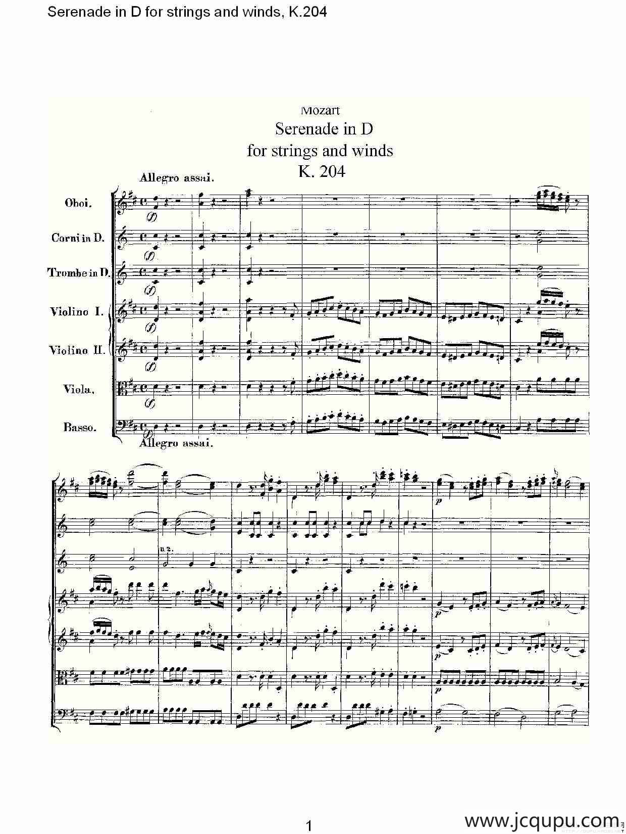 Serenade in D for strings and winds, K.204（D调管弦乐小）简谱