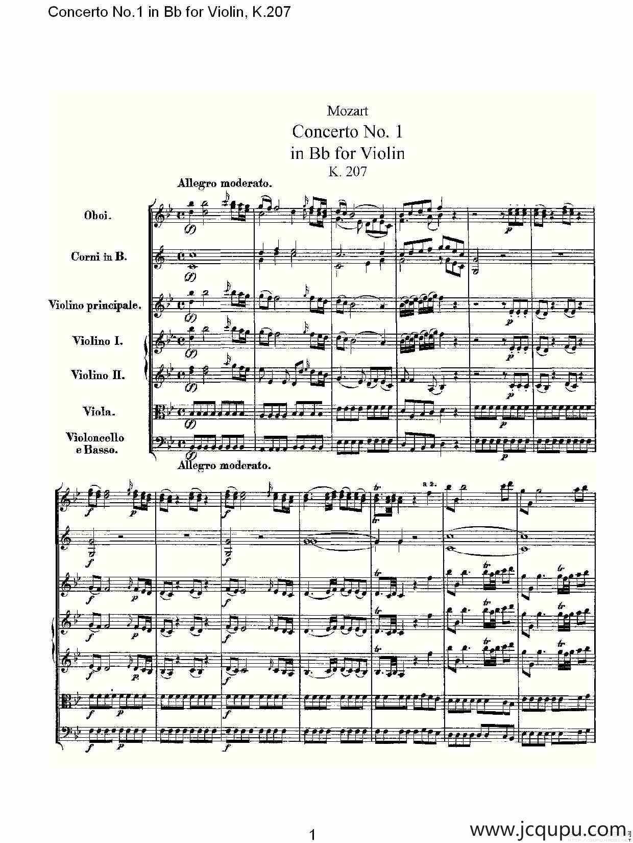 Concerto No.1 in Bb for Violin, K.207（Bb调小提琴第一协奏曲）简谱