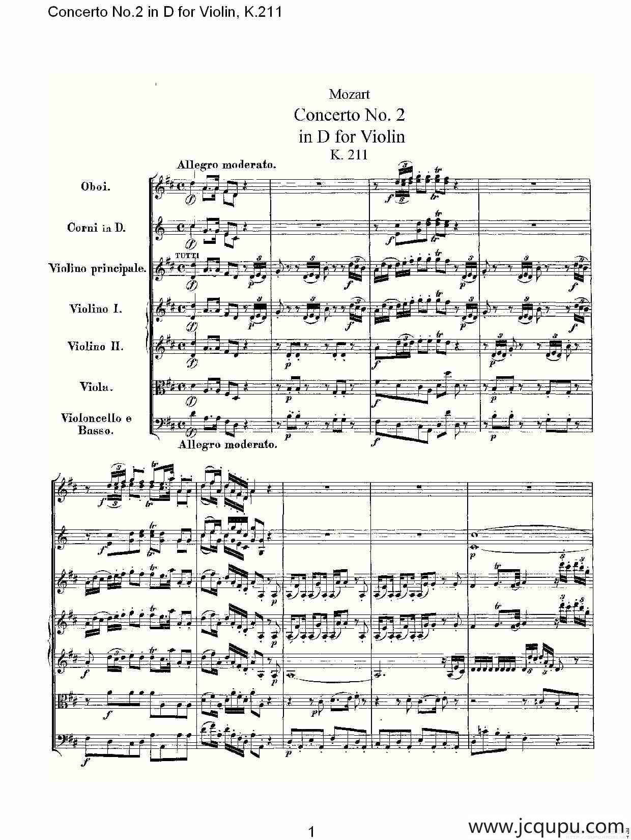Concerto No.2 in D for Violin, K.211（D调小提琴第二协奏曲, ）简谱
