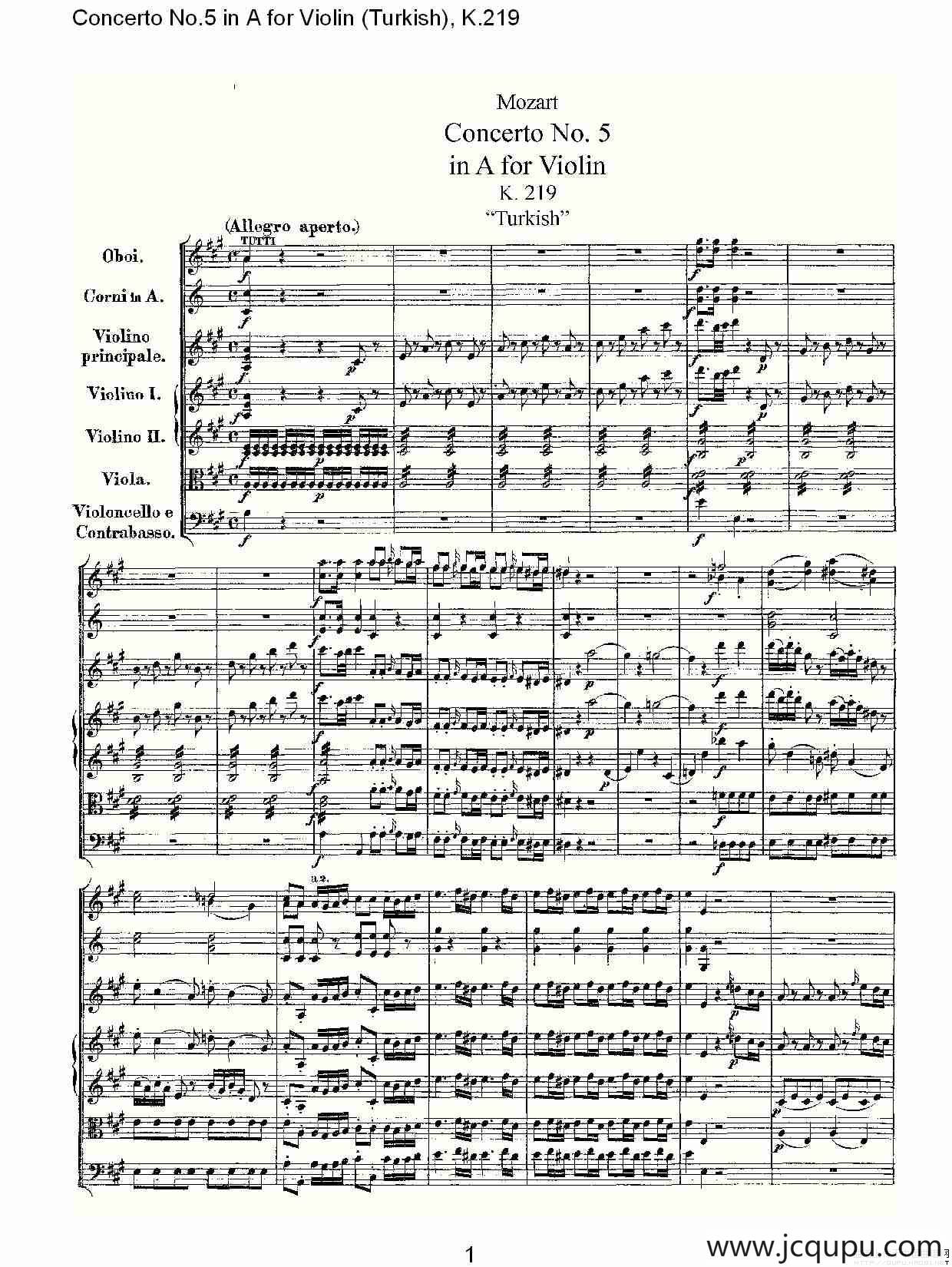 A调小提琴第五协奏曲，（土耳其) K.21）简谱