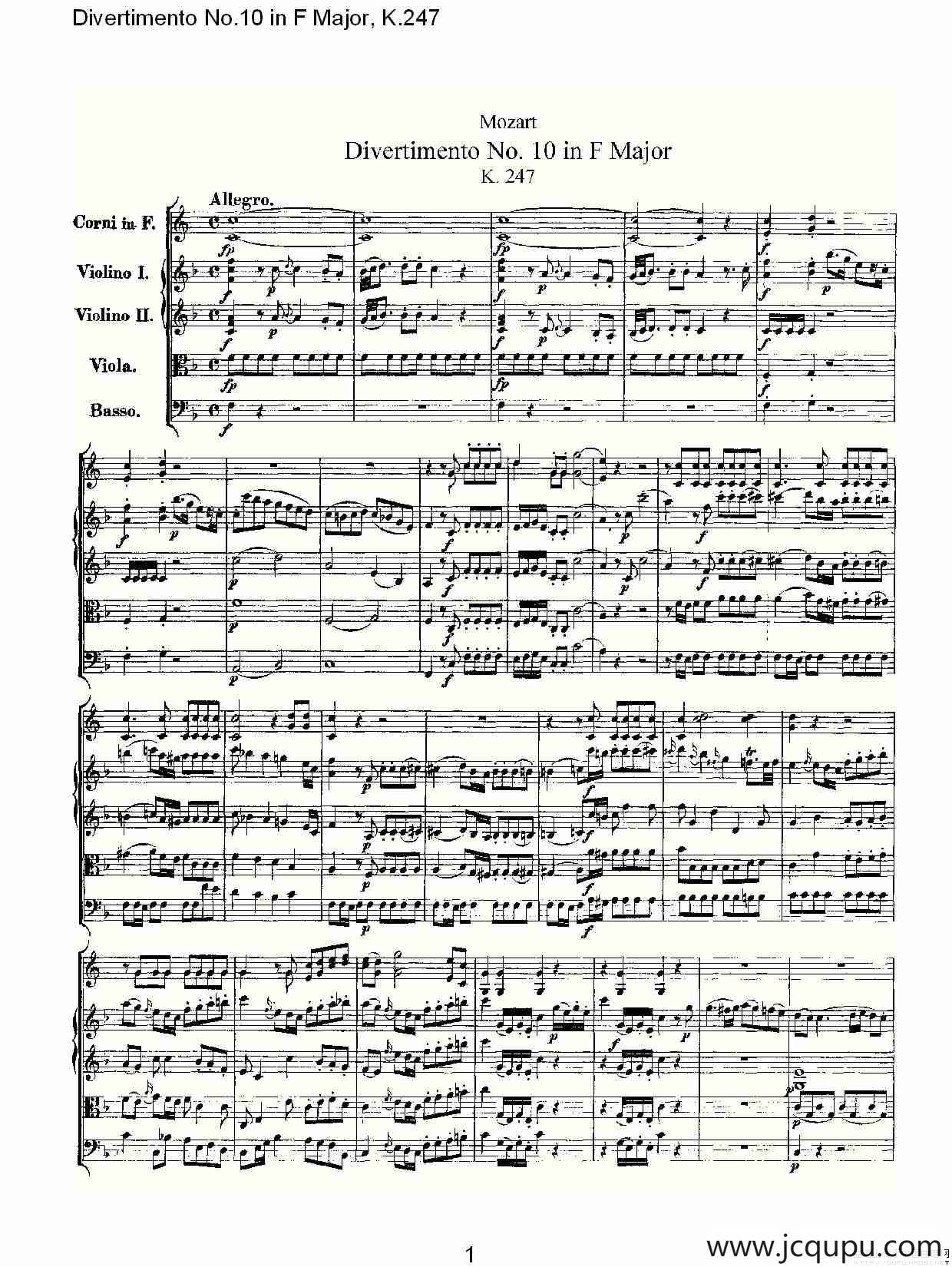 Divertimento No.10 in F Major, K.247（F大调第十嬉游曲，K.2）简谱