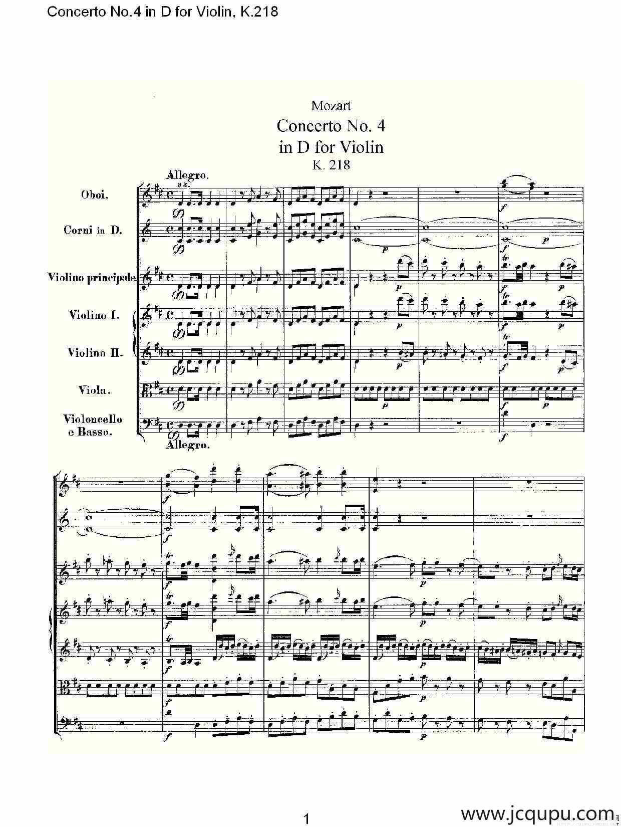 Concerto No.4 in D for Violin, K.218（D调小提琴第四协奏曲，K）简谱