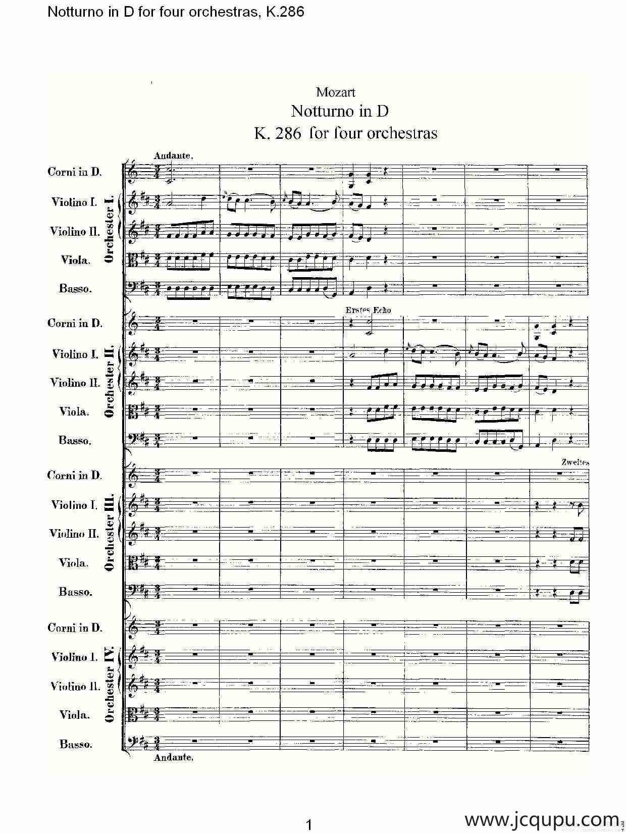 D调四管弦乐小夜曲, K.286简谱