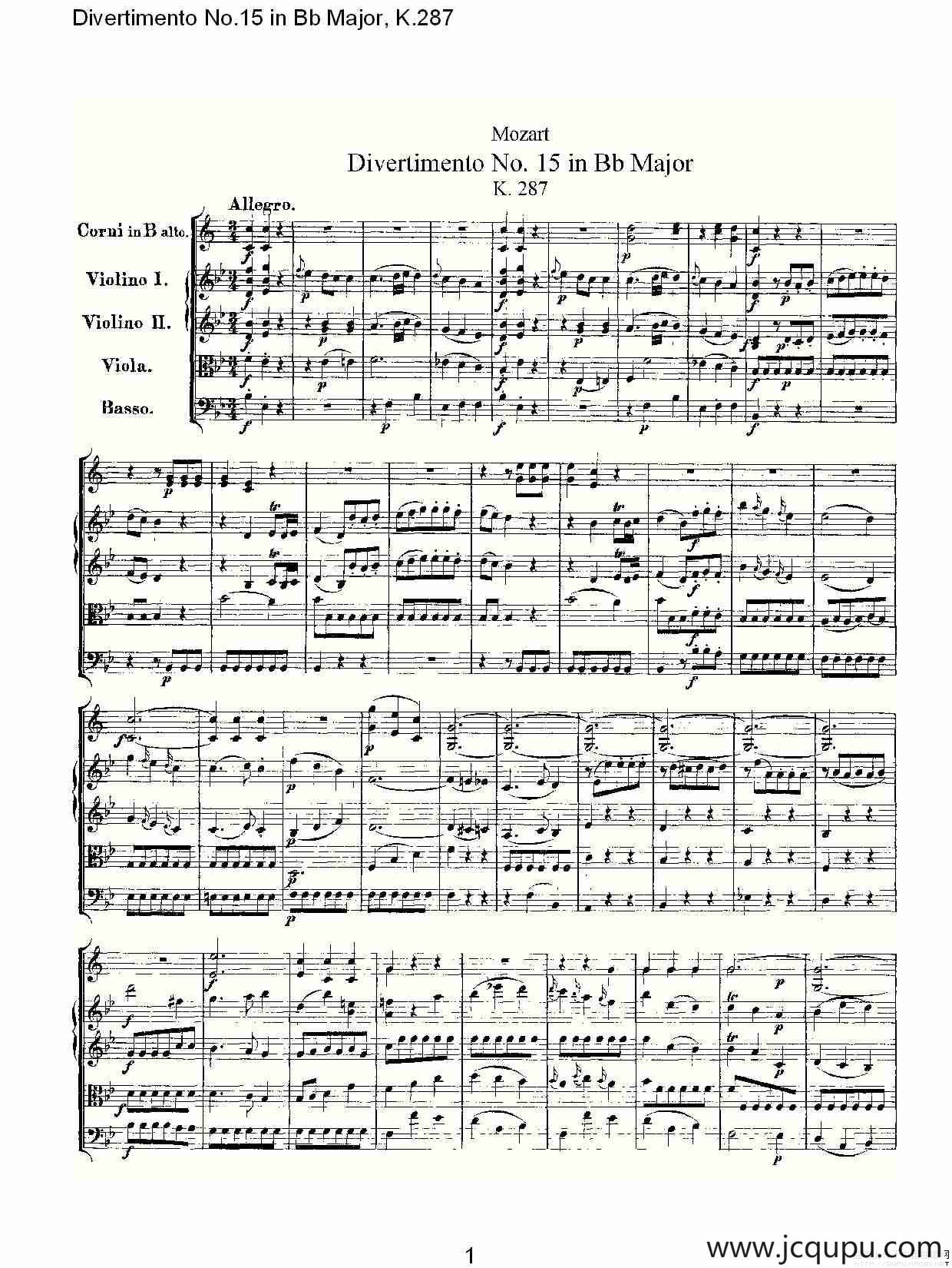 Bb大调第十五嬉游曲，K.287简谱