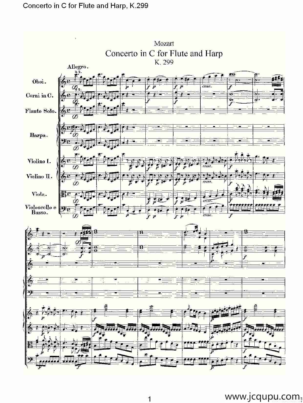 C调长笛与竖琴协奏曲, K.299（一）简谱
