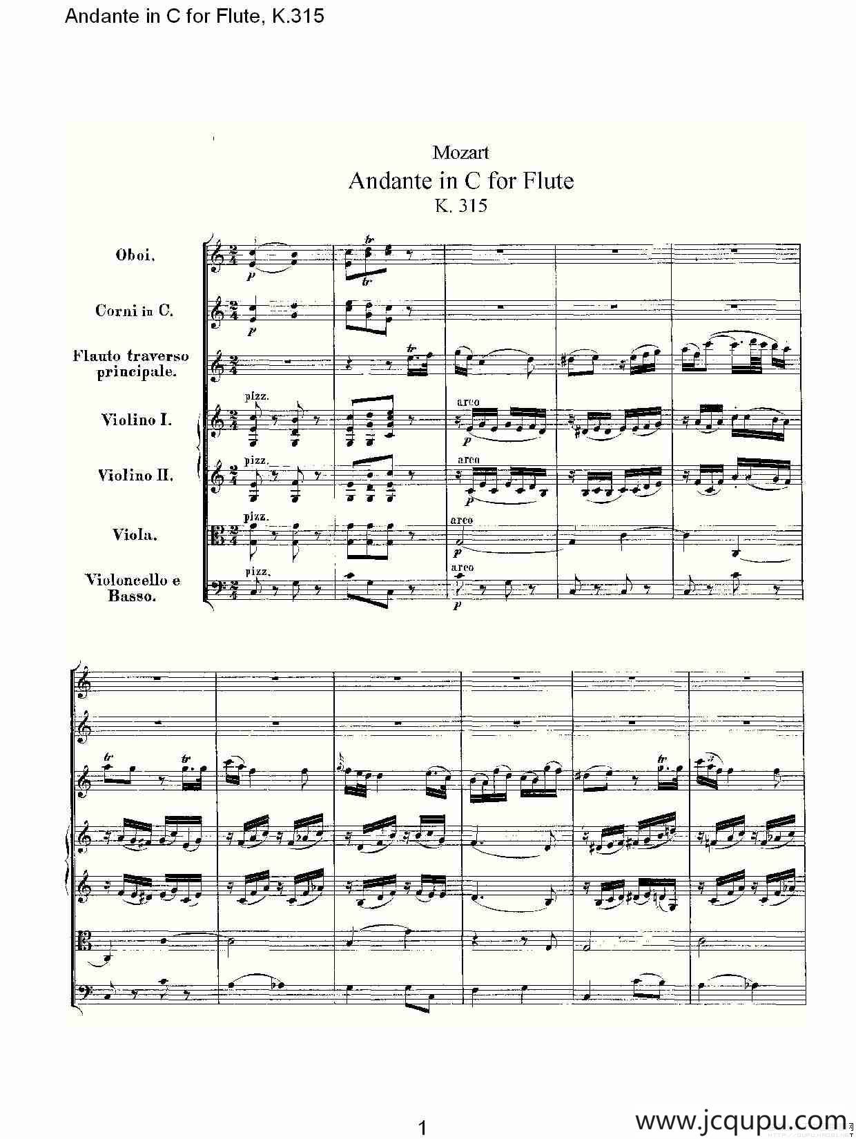 Andante in C for Flute, K.315（D调长笛行板协奏曲, K.315）简谱