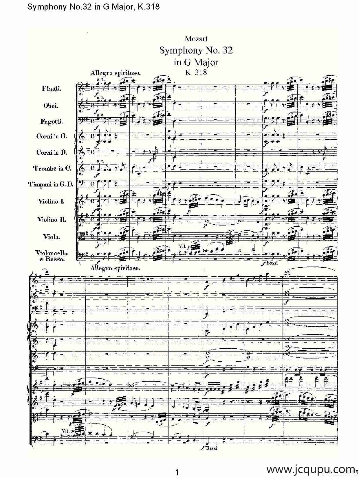 Symphony No.32 in G Major, K.318（G大调第三十二交响曲K.318）简谱