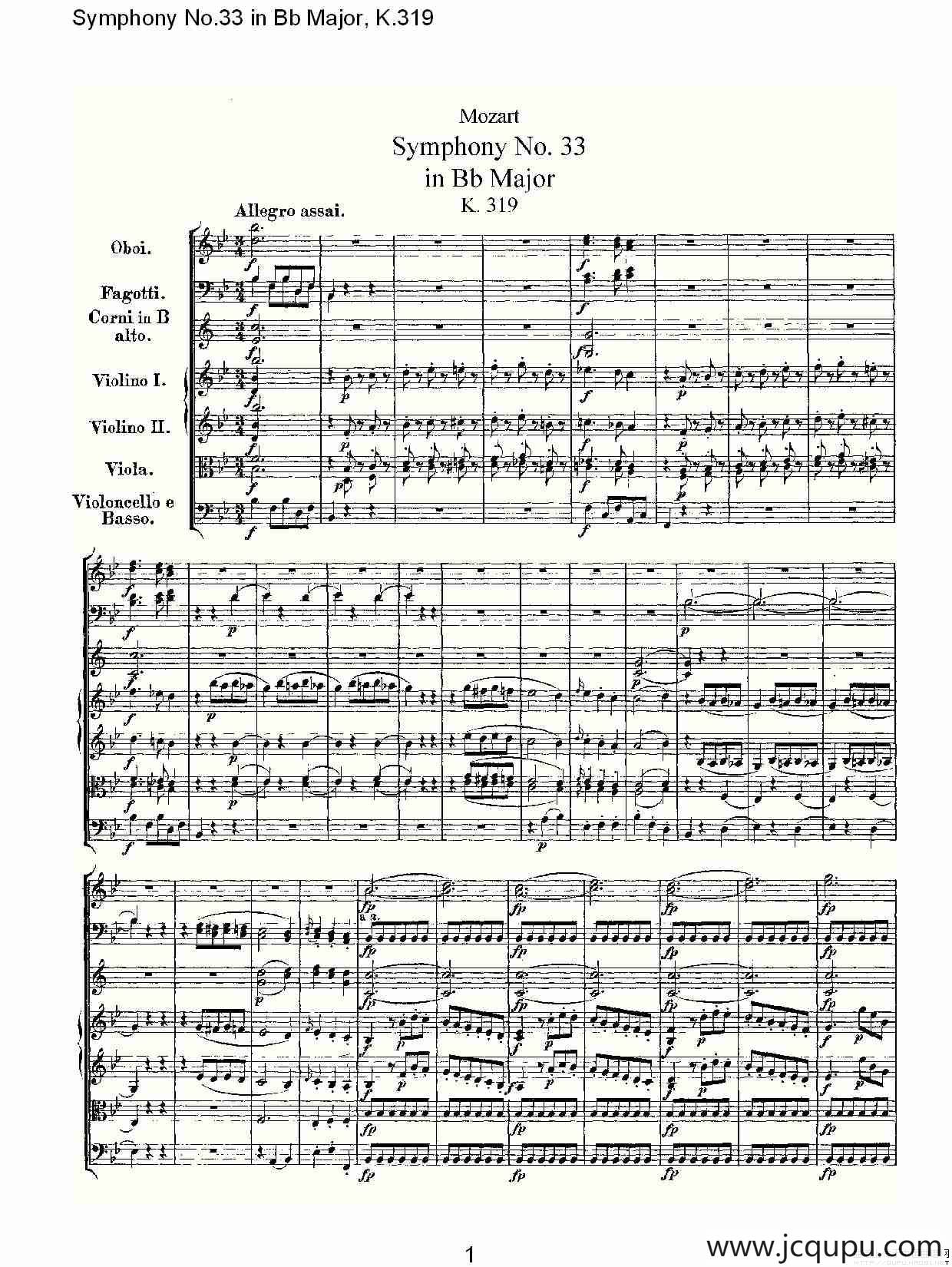 Symphony No.33 in Bb Major, K.319（Bb大调第三十三交响曲K.31）简谱
