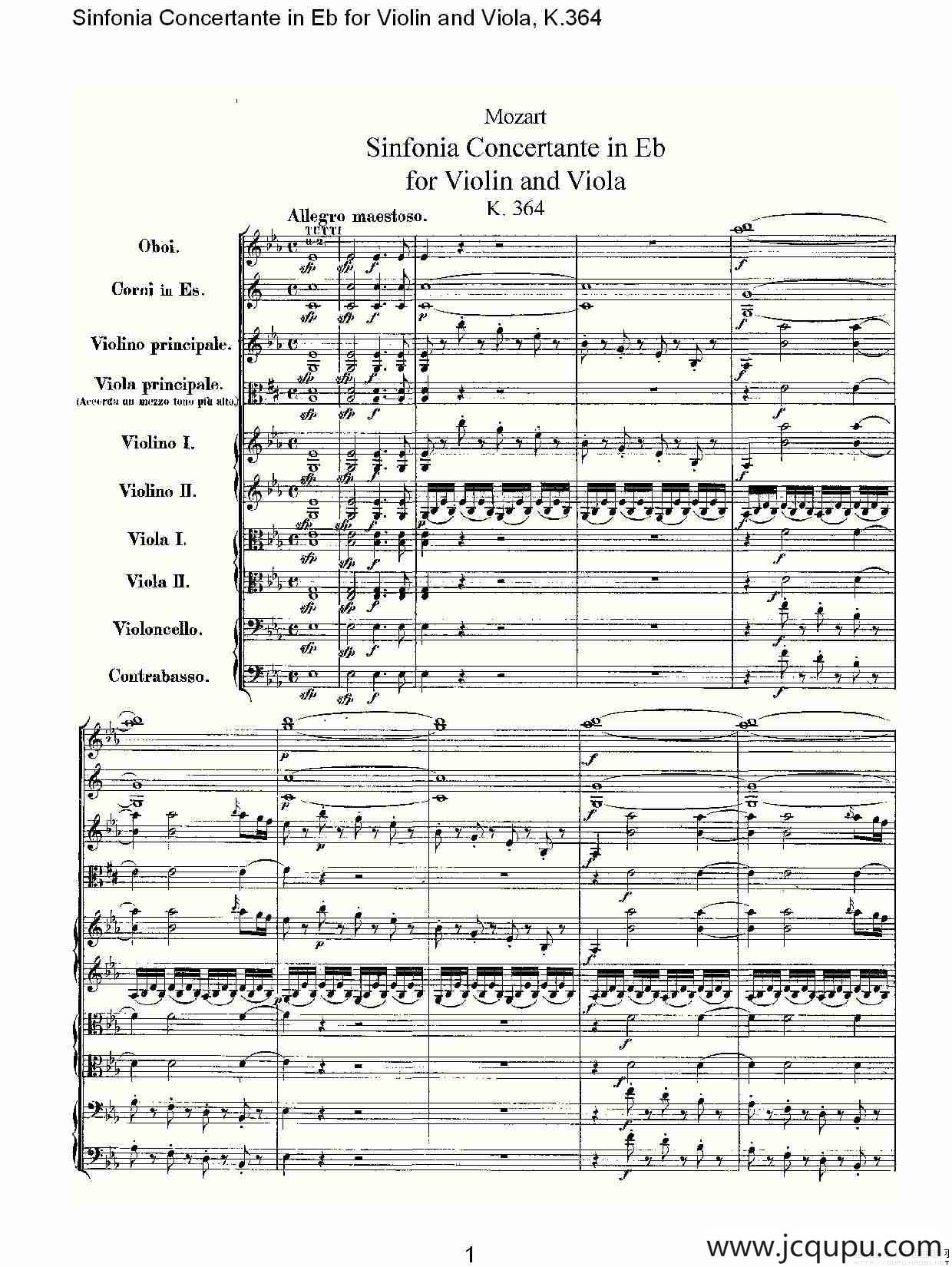 Eb调小提琴与中提琴炫技序曲, K.364（一）简谱