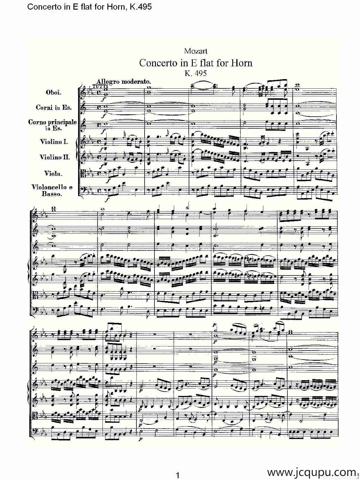 Concerto in E flat for Horn, K.495（Eb调法国号协奏曲, K.4）简谱