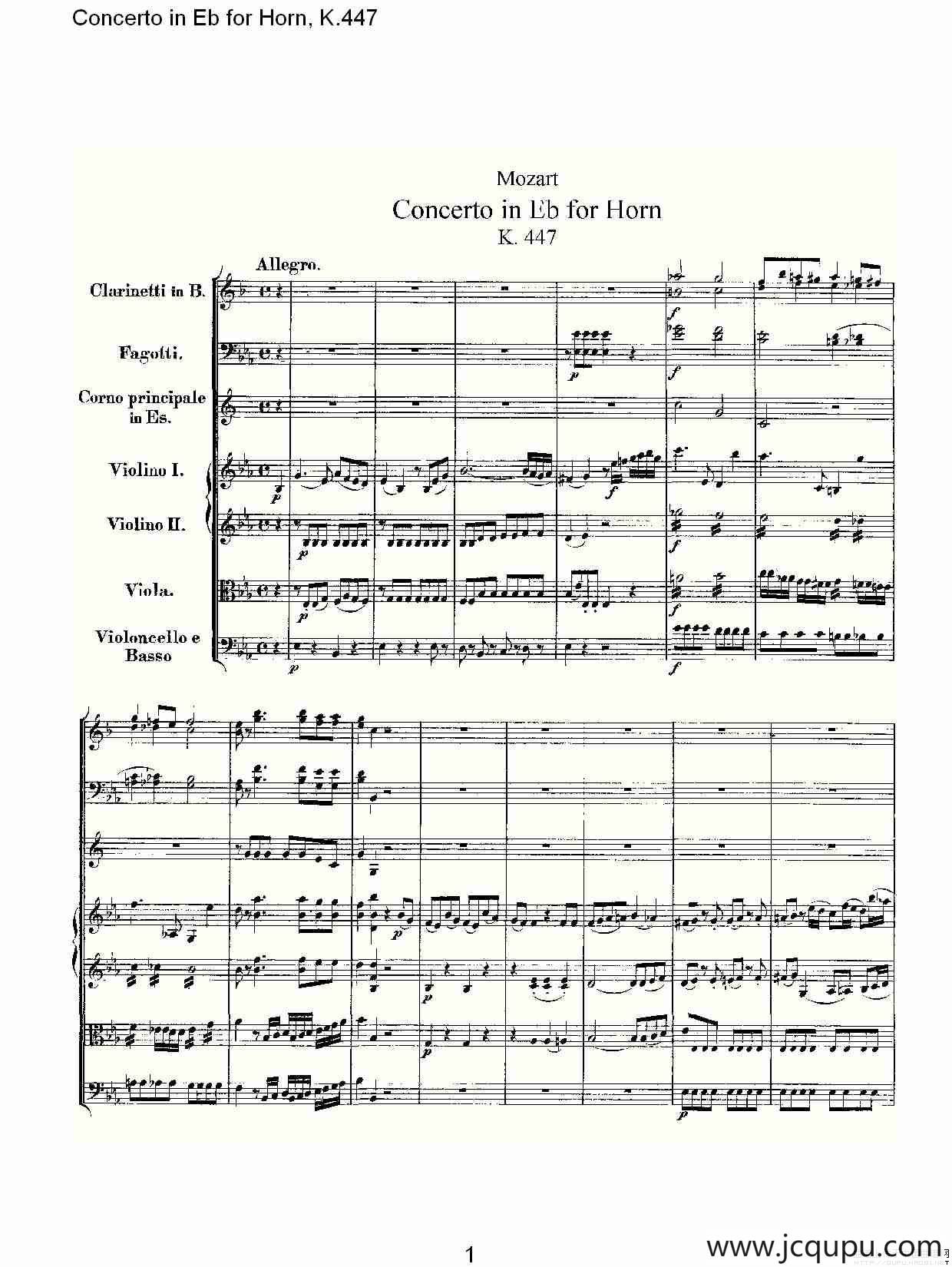 Concerto in Eb for Horn, K.447（Eb调法国号协奏曲, K.447）简谱